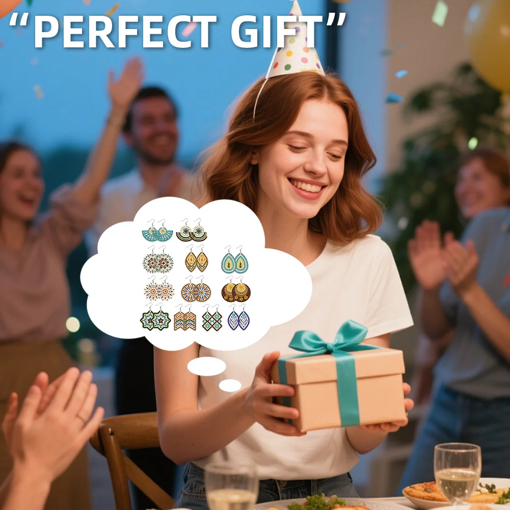 12 Pairs Pattern DIY Diamond Art Earrings Double Sided Diamond Painting Earrings