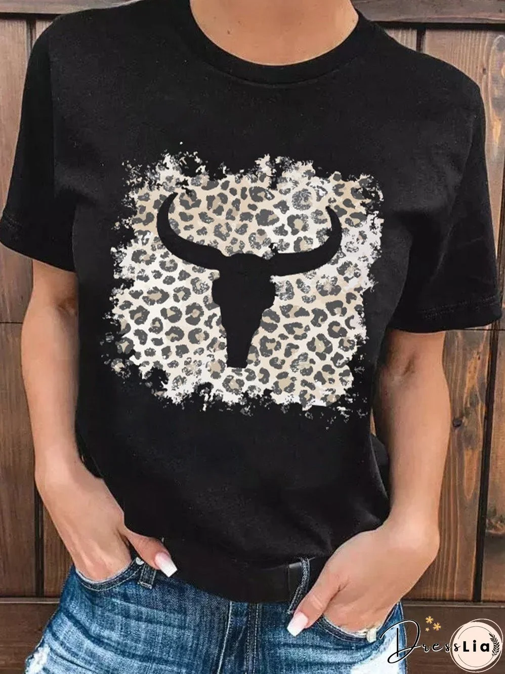 Leopard Print Steer Head Graphic Black T-Shirt