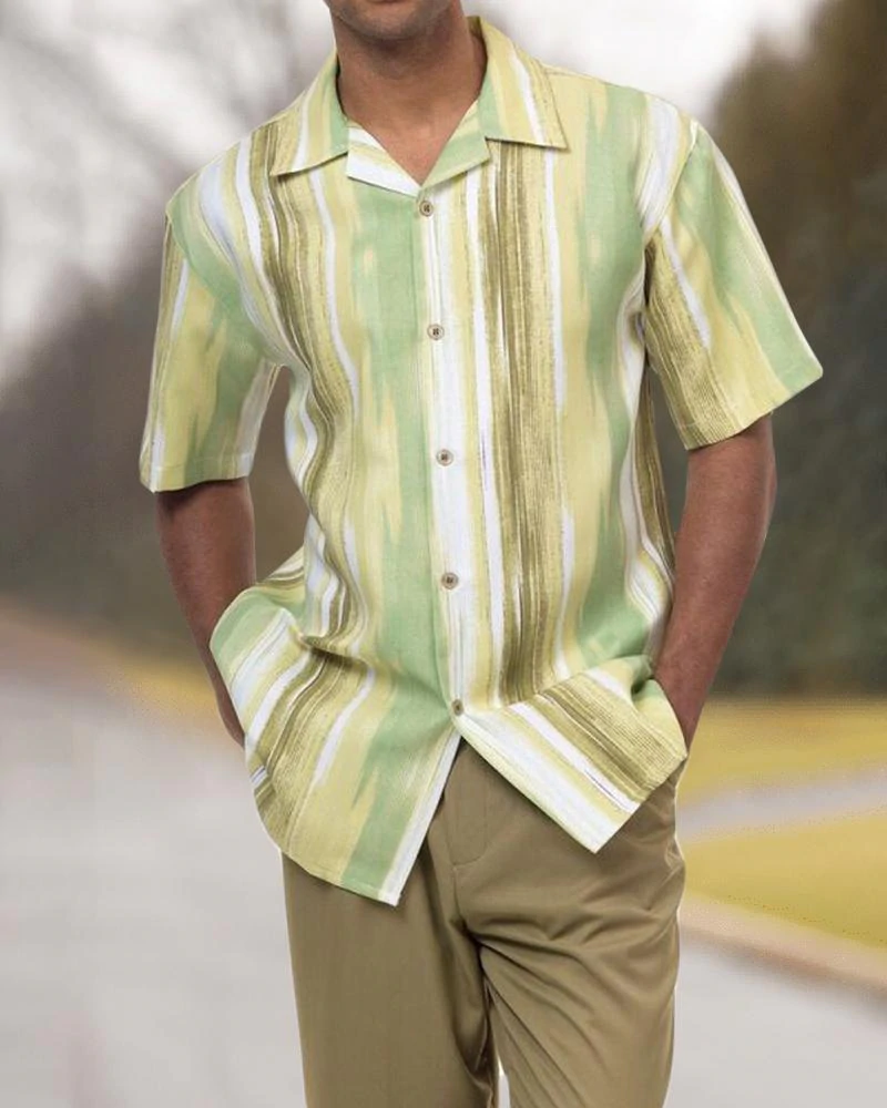 Short Sleeve Print Walking Two Piece Suit Set With Long Pants