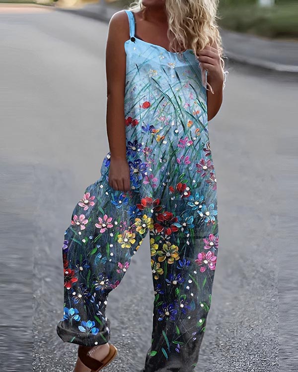 Ladies Loose Casual Art Floral Jumpsuit