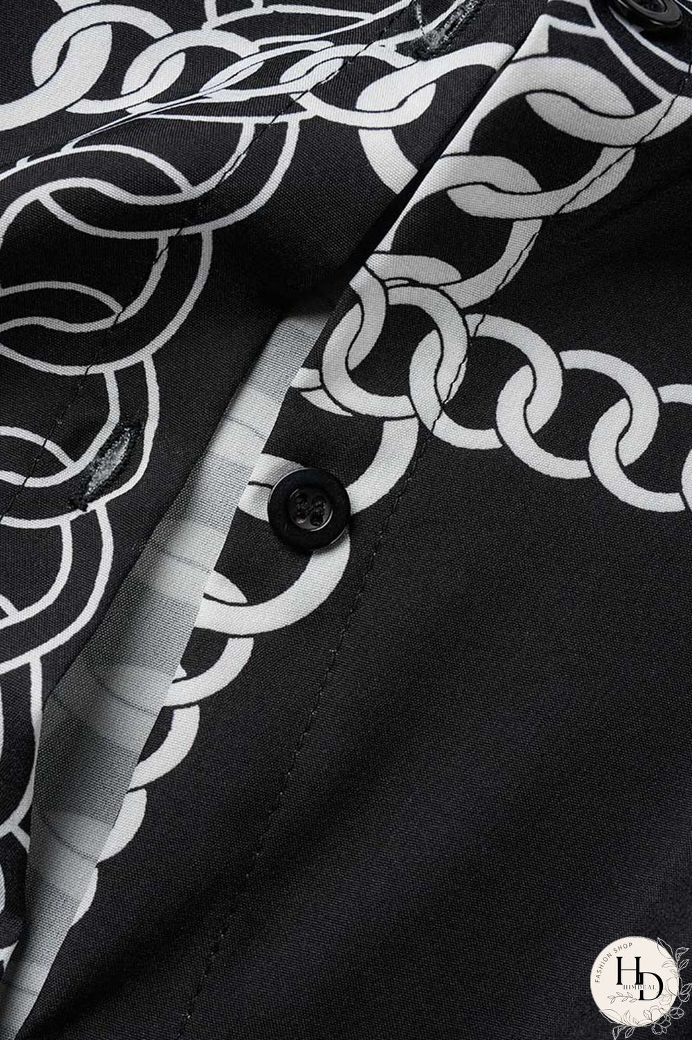 White Casual Print Patchwork Buckle Turndown Collar Tops