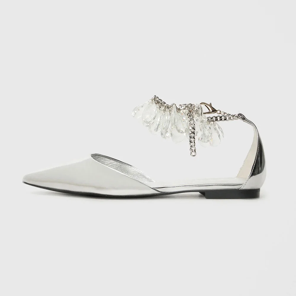 Silver Pointed Toe Chain Strap Rhinestone Flat Shoes for Women