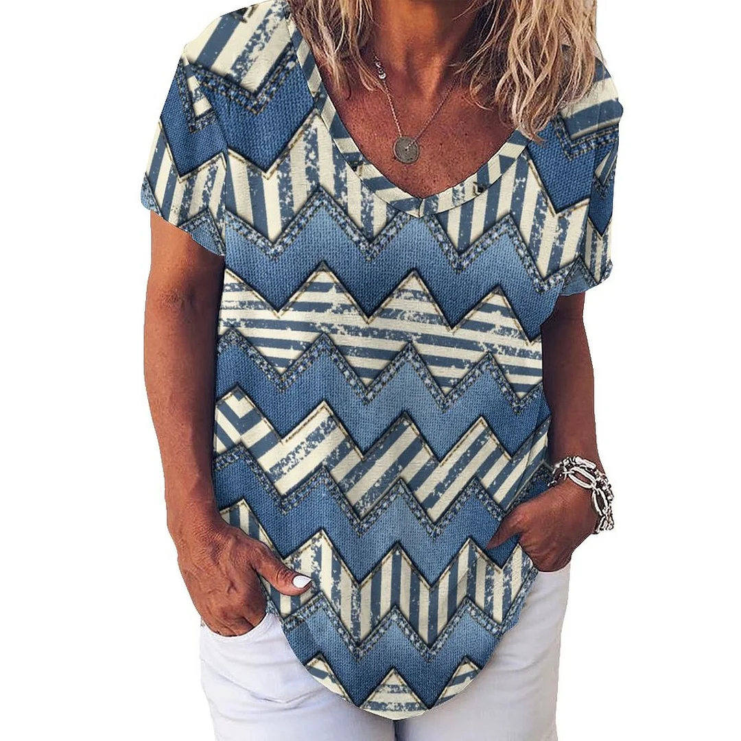 V-neck Short Sleeve Casual T-shirt for  Women Printed with Pattern Patchwork, Denim Blue, Striped