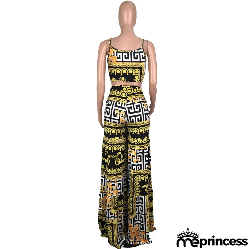 Print Retro Straps Crop Top and High Waist Trousers