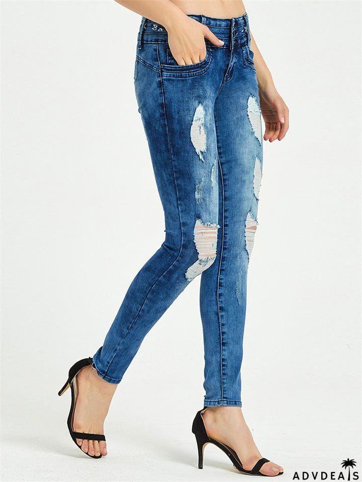 Women's Casual Style Floral Embroidery Buttons Denim Jeans