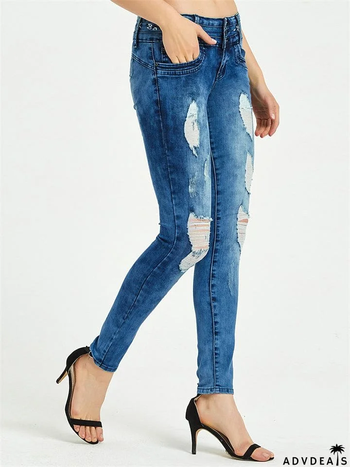 Women's Casual Style Floral Embroidery Buttons Denim Jeans