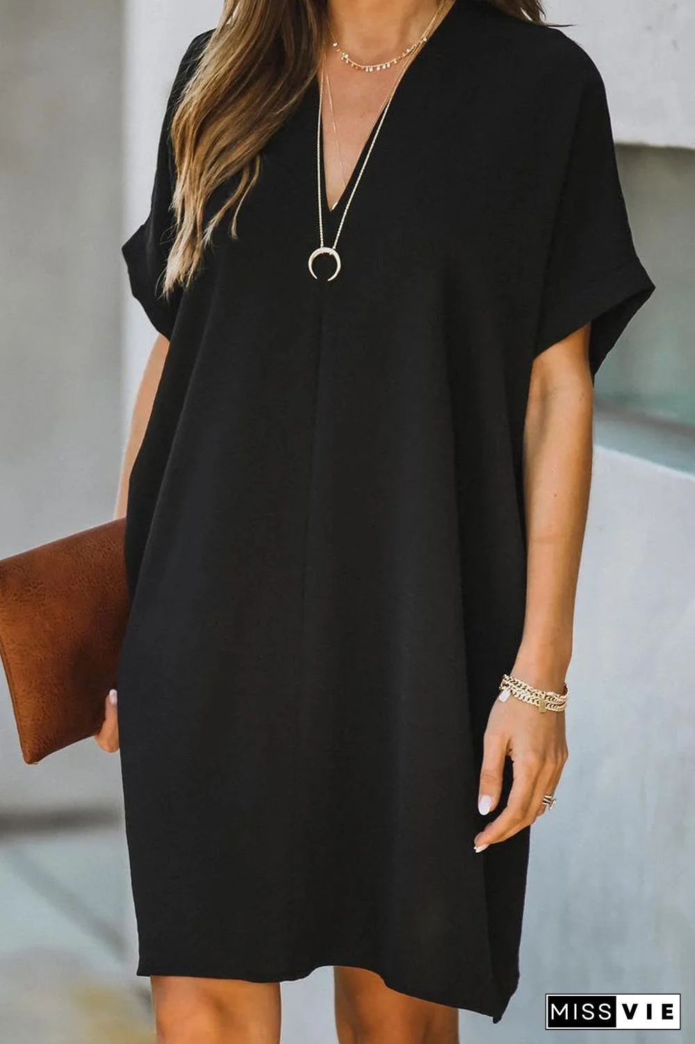 Solid Color V-Neck Loose Midi Dress