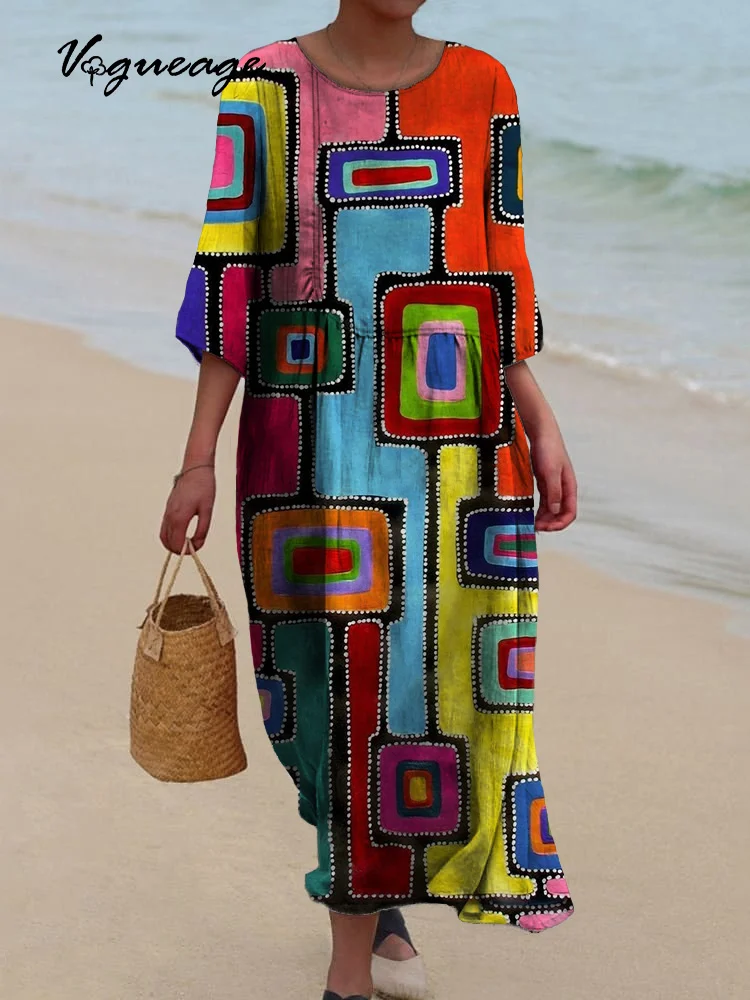 Block Color Matching Printed Women's Casual Cotton And Linen Dress
