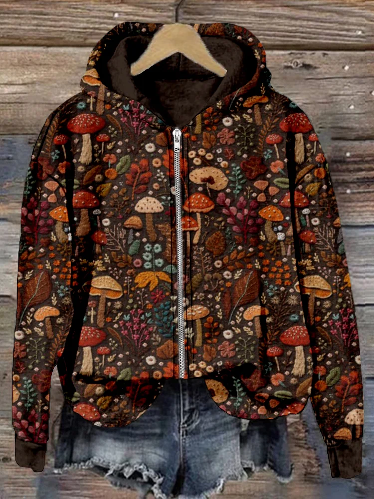 VChics Floral and Mushroom Embroidery Art Comfy Zip Up Hoodie