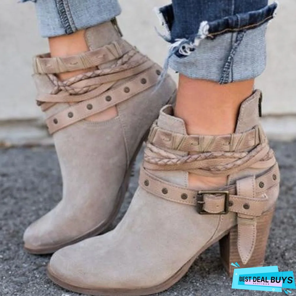 Women Boots Chunky Heels Winter Shoes Woman Suede Leather Snow Ankle Boots