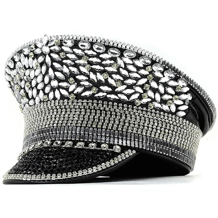 Multiple Rows Rhinestone Adjustable Short Brim Hat-Black