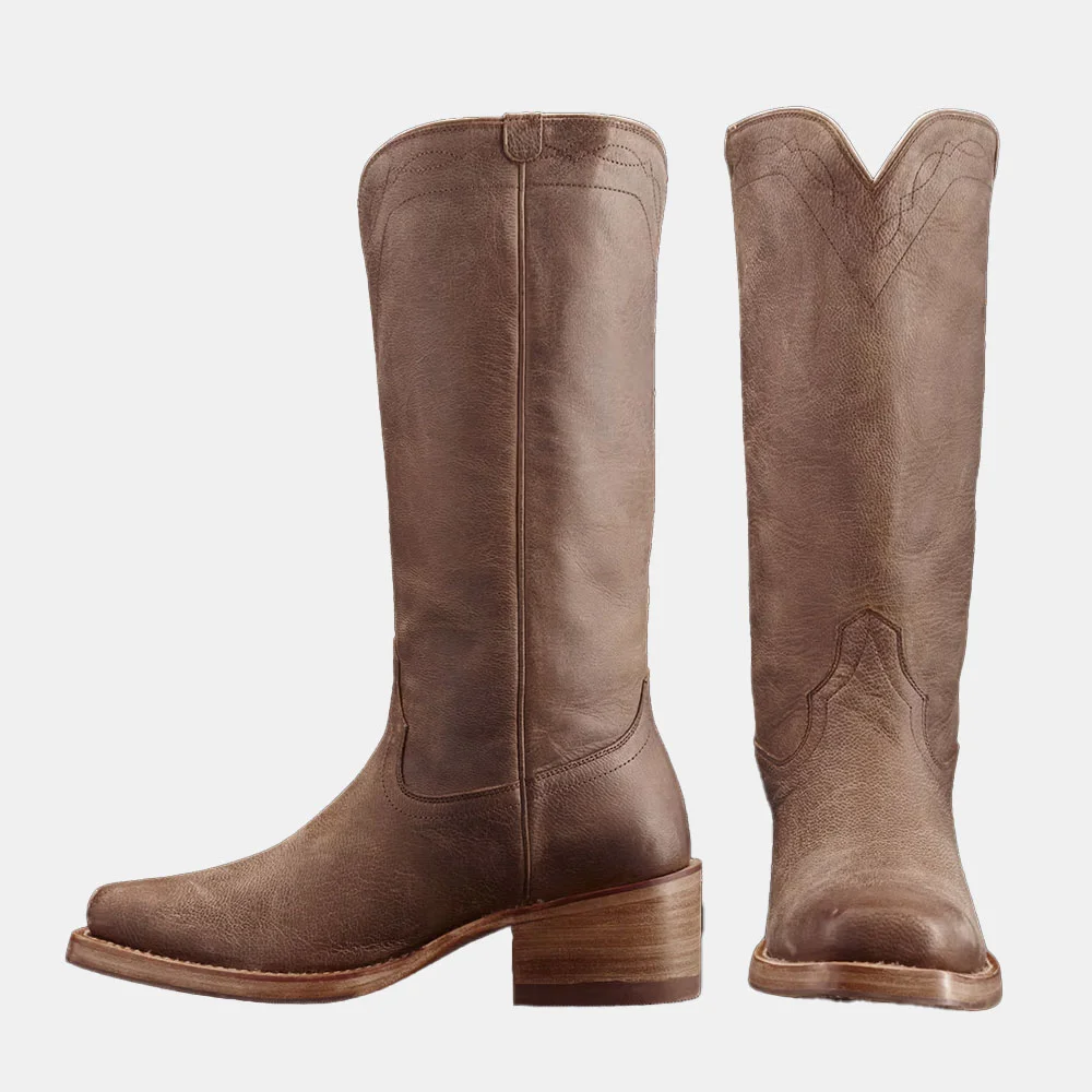 Brown Square Toe Chunky Heel Stitching Cowboy Boots for Women