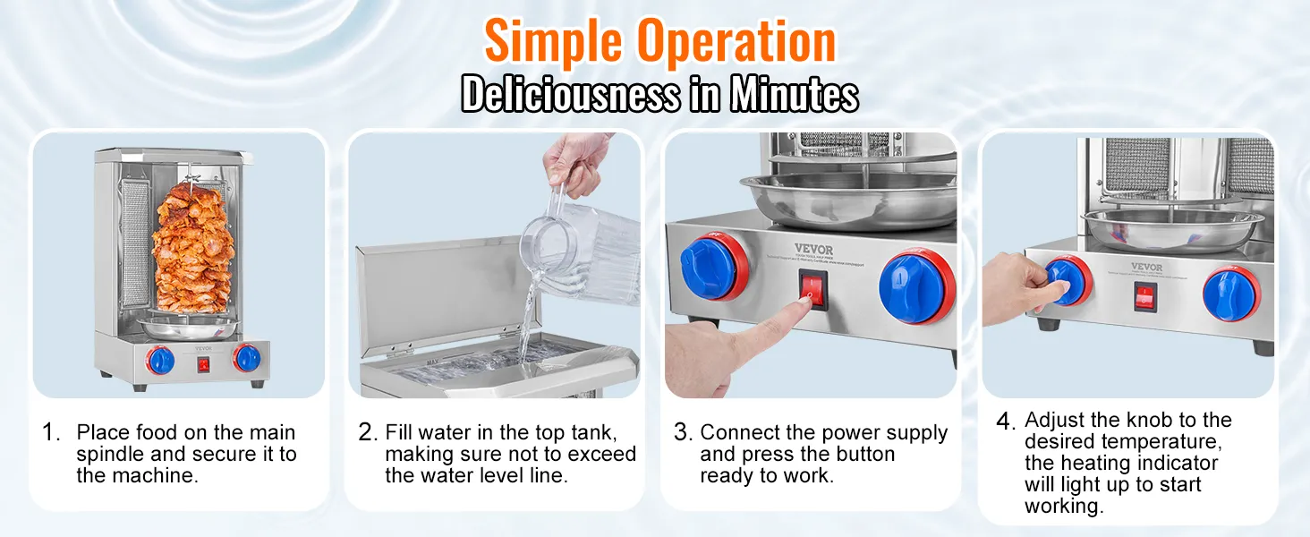 VEVOR shawarma grill machine with step-by-step instructions for setup and operation.
