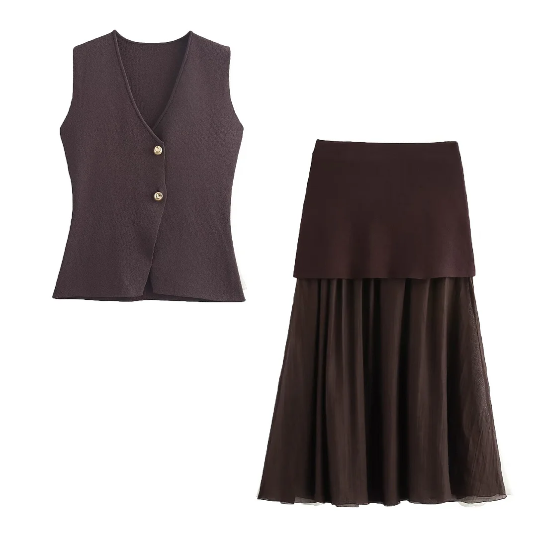 Nigikala Nigikala Women's 2025 Summer New V-Neck Gold Button Knitted Vest + Folding Skirt Suit