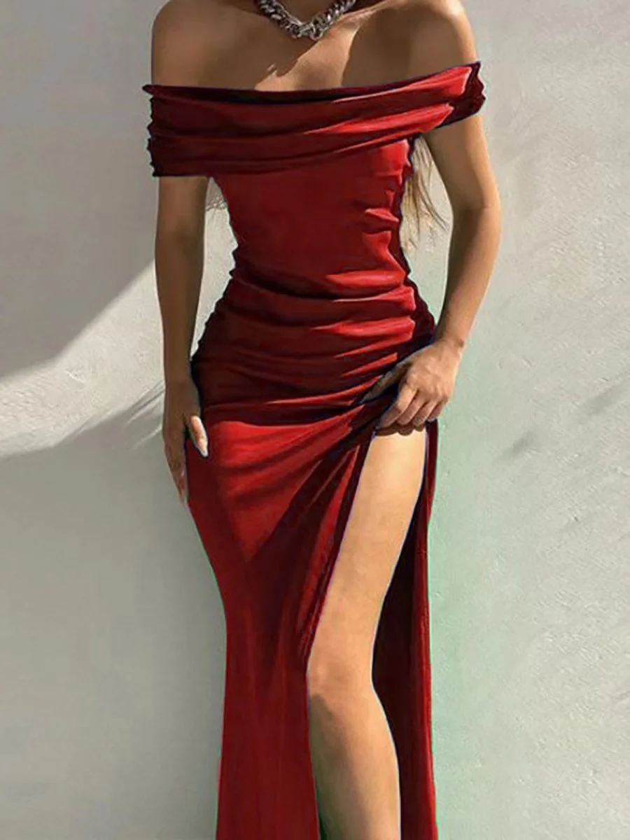 Solid color one-neck slit dress