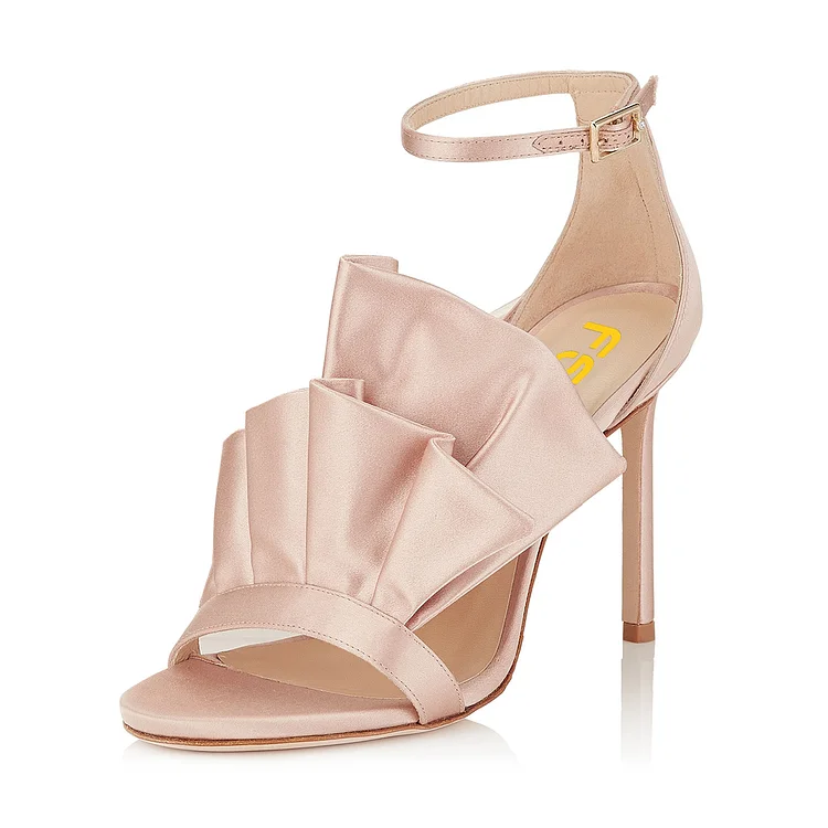 Light Pink Ruffle Stiletto Heel Ankle Strap Sandals for Wedding |FSJ Shoes