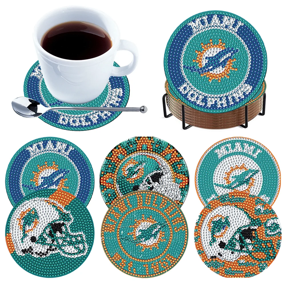 Miami Dolphins 6pcs DIY Diamond Painting Acrylic Coasters Holder for Beginner Adult