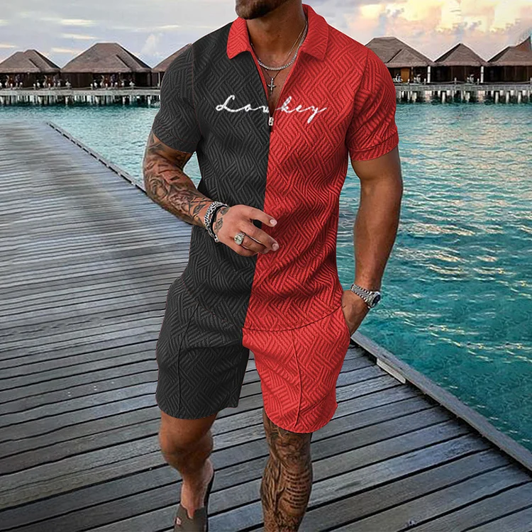 BrosWear Black Red Color Contrast Short Sleeve Polo Shirt And Shorts Co-Ord