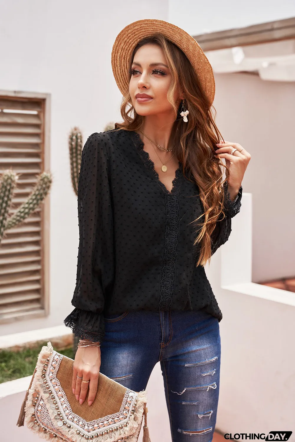 Elegant V-Neck Swiss Dot Lace Blouse