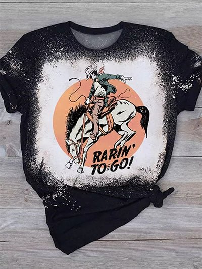 Rarin' To Go Cowboy Bleached T-Shirt Tee - Black