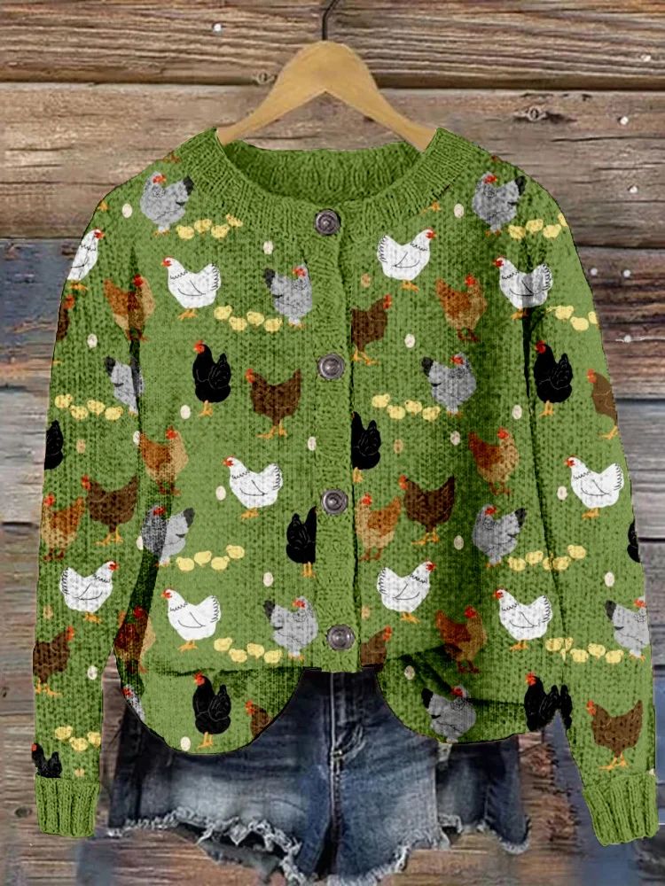 VChics Hens and Chicks Graphic Vintage Cozy Knit Cardigan