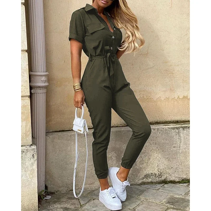 Women's Casual Lapel Printed Belt Tooling Jumpsuit Casual Suit