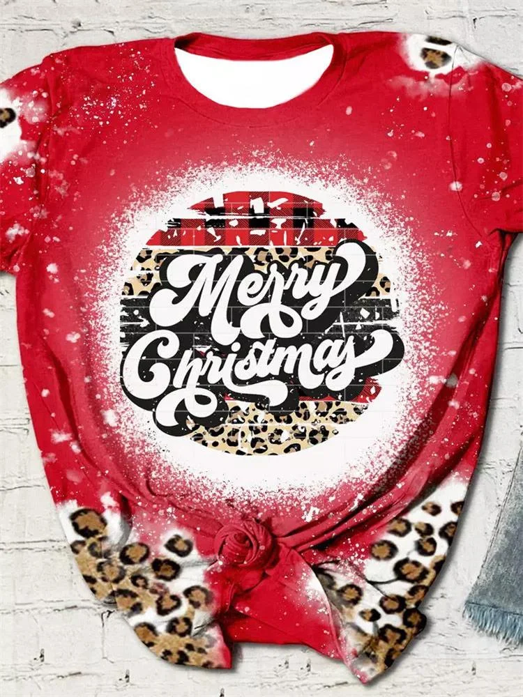 Merry Christmas Leopard Plaid Bleached T-Shirt