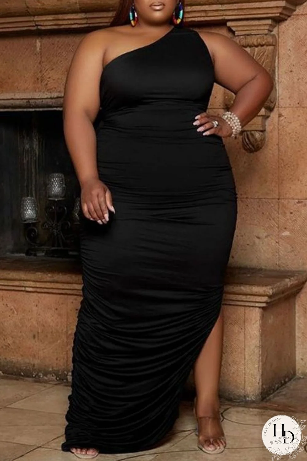 Black Sexy Casual Solid Backless Slit Fold Oblique Collar Long Dress Plus Size Dresses