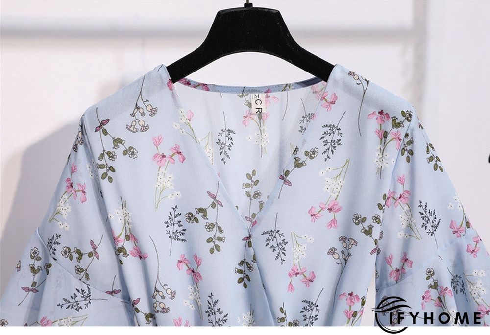 Spring Summer Chiffon Women V-Neck Floral Print Short Dresses Sweet Ruffle Sleeeve Slim Drawstring Ladies Dress | IFYHOME
