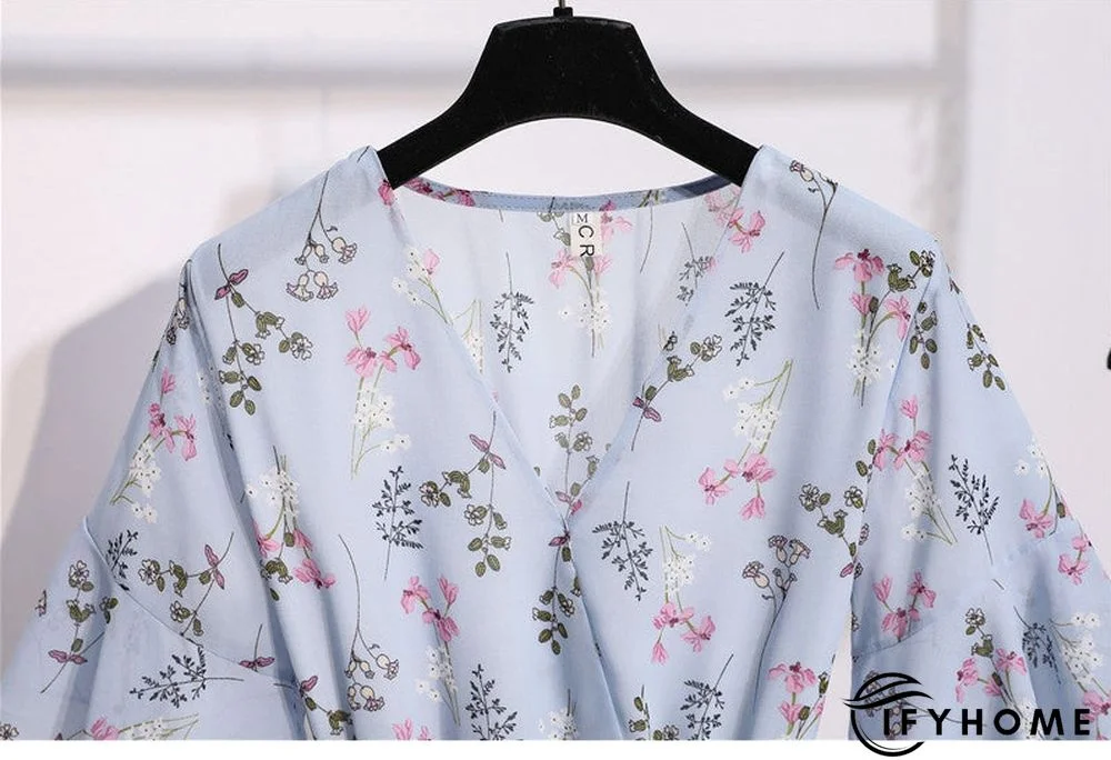 Spring Summer Chiffon Women V-Neck Floral Print Short Dresses Sweet Ruffle Sleeeve Slim Drawstring Ladies Dress | IFYHOME