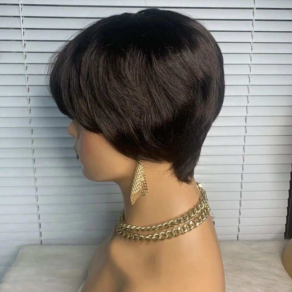 Short Burgundy And Black Pixie Wig for Women with Bangs Machine Made Wig