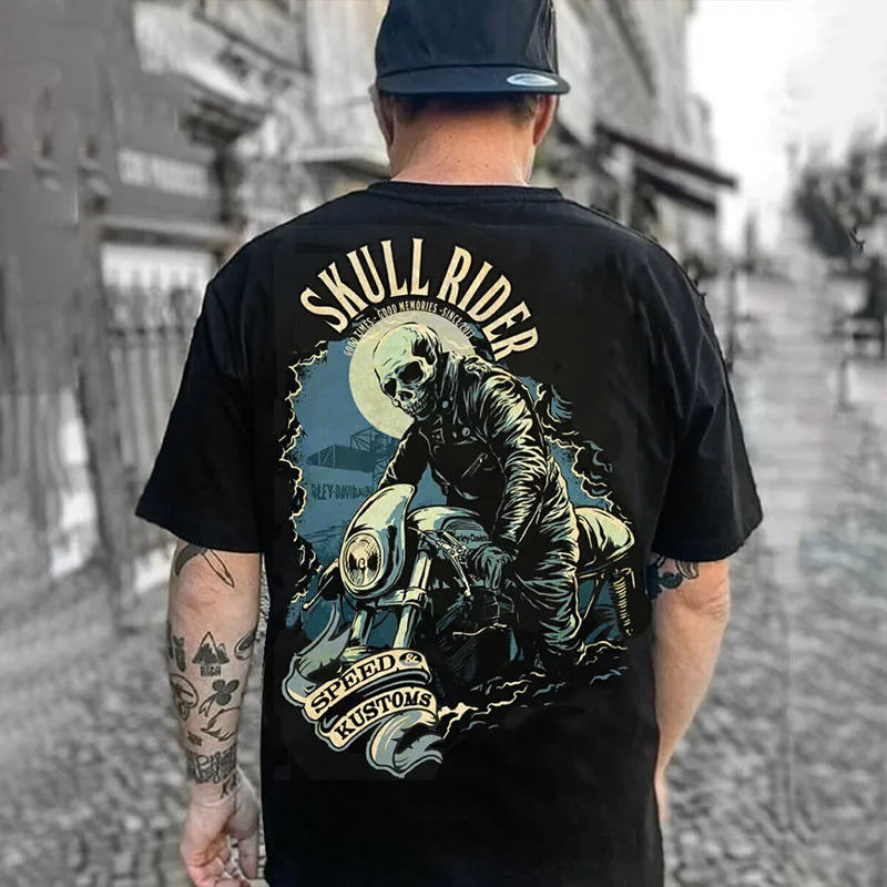 SKULL RIDER SPEED KUSTOM Skeleton Motorcyclist Print Men's T-shirt