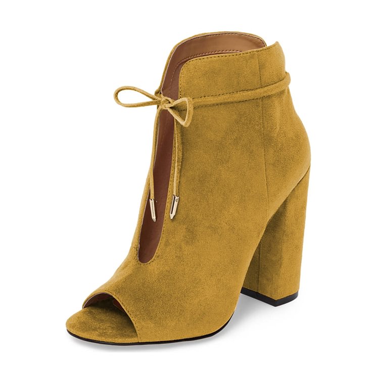 Mustard Suede Boots Front Tie up Peep Toe Chunky Heel Ankle Boots |FSJ Shoes