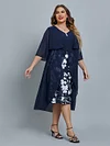Women's Plus Size Curve Party Dress Floral V Neck Mesh 3/4 Length Sleeve Fall Spring Elegant Midi Dress Party Date Dress / Layered / Print