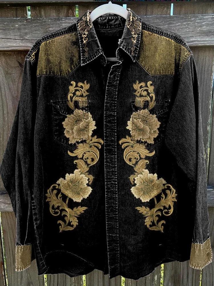 Men's Black Cowboy Vintage Stripe Print Casual Shirt