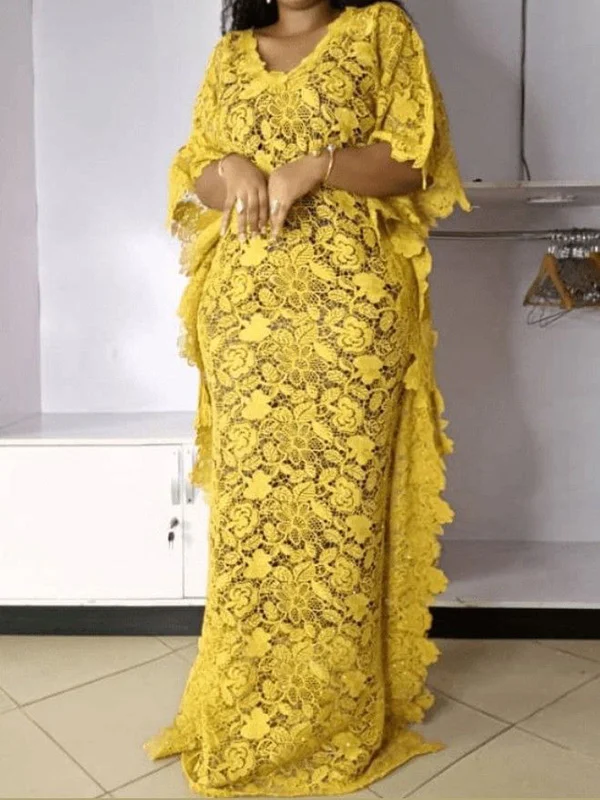 Half Sleeve V-Neck Lace Solid Color Loose Yellow Maxi Dress