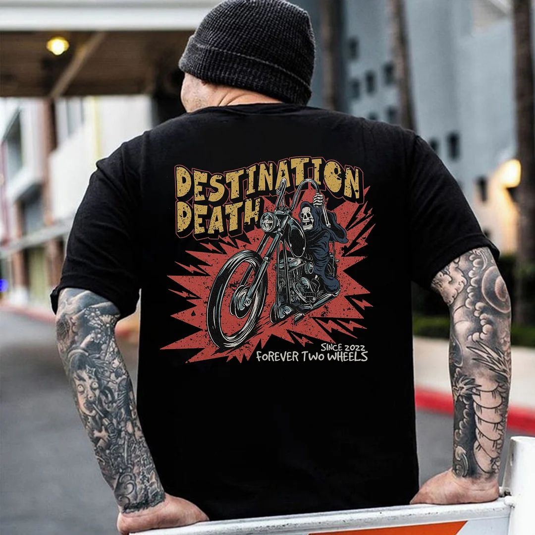 DESTINATION DEATH Skull Riding Black Print T-Shirt