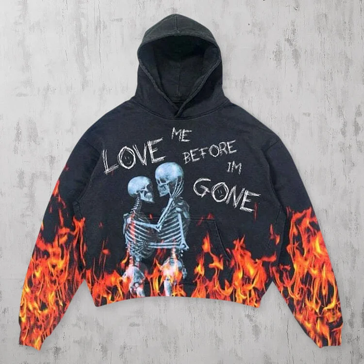 Blue Fire Burning Skull Lazy Street 3D Printing Loose Hooded long-sleeved Sweater Hoodie at Hiphopee