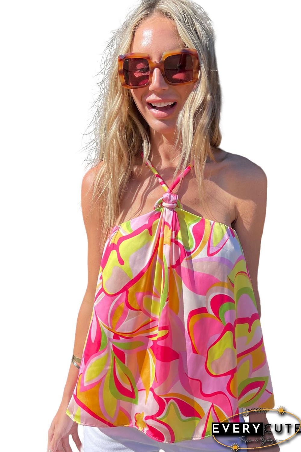 Pink Abstract Floral Print Knotted Halter Tank Top
