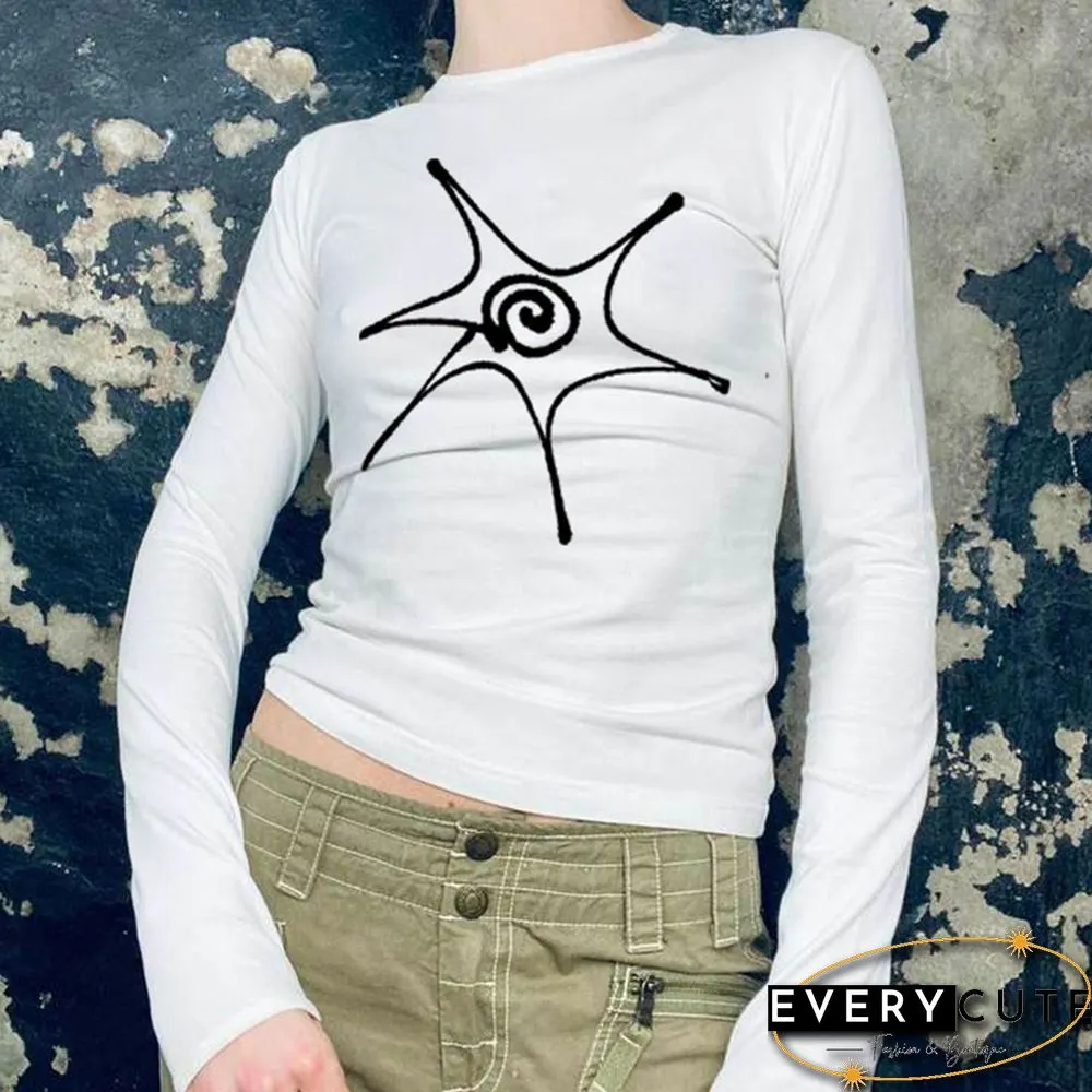 Y2K Shirts For Women Graphic Print Long Sleeve Crop Top White Harajuku Clothes Emo Girl