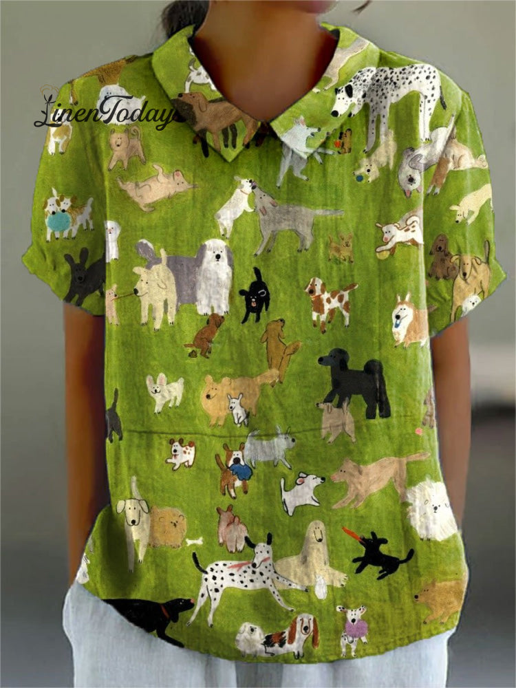Women’s Dog Lover Print Casual Cotton And Linen Shirt Multicolor / S