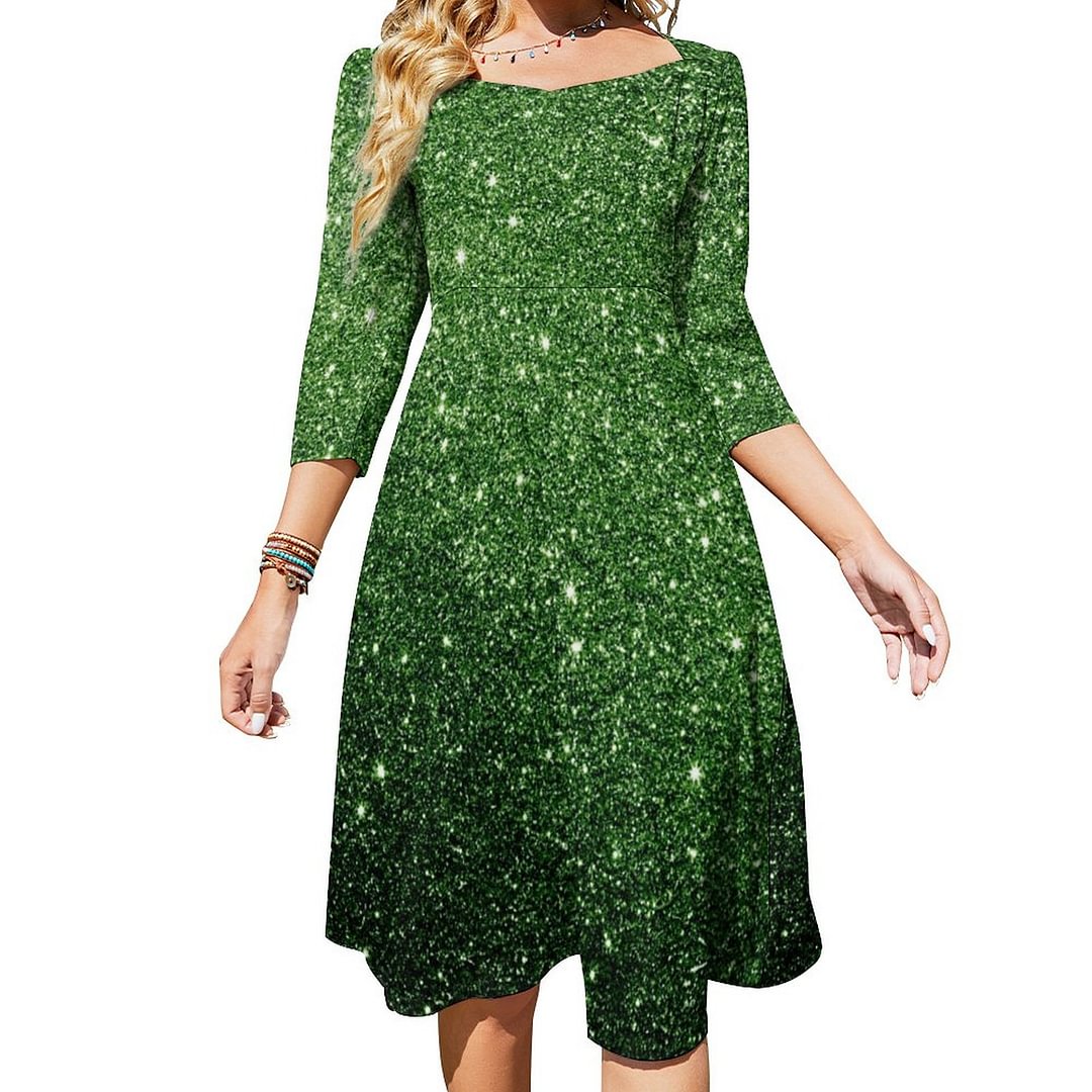 Cool Cute Irish Green Glitter Pattern Dress Sweetheart Tie Back Flared 3/4 Sleeve Midi Dresses