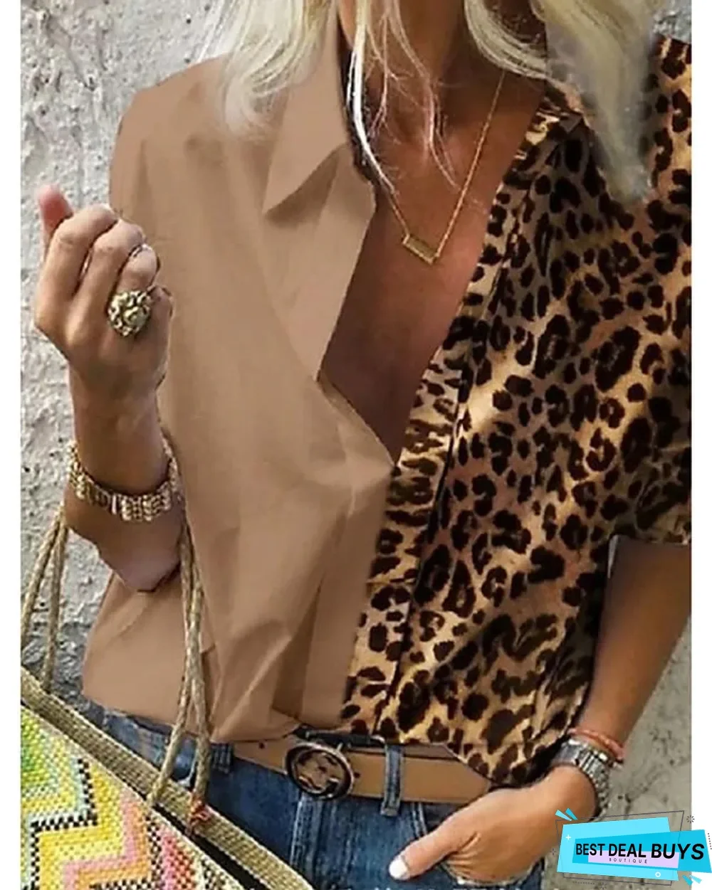 Women's Plus Size Blouse Shirt Leopard Color Block Sexy Long Sleeve Shirt Collar Tops Loose Basic Top White Blue Red-825