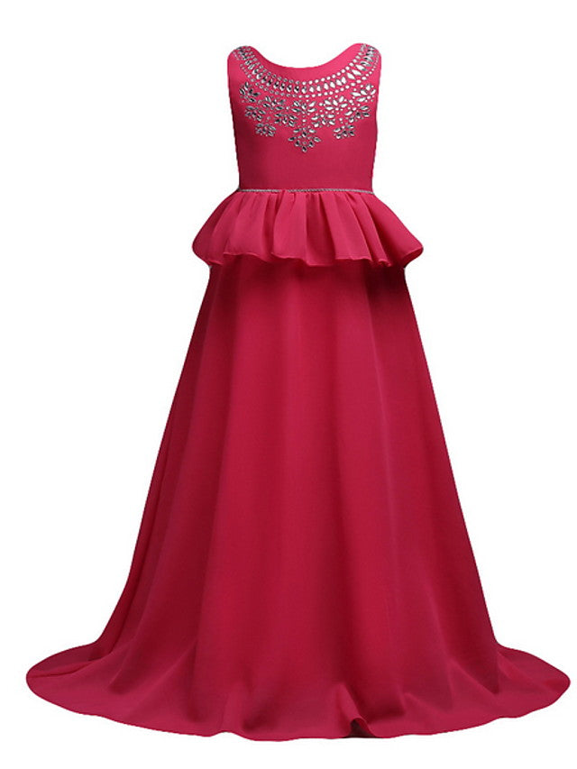 Oknass A-Line Sleeveless Jewel Neck Flower Girl Dress Polyester With Ruffles Appliques