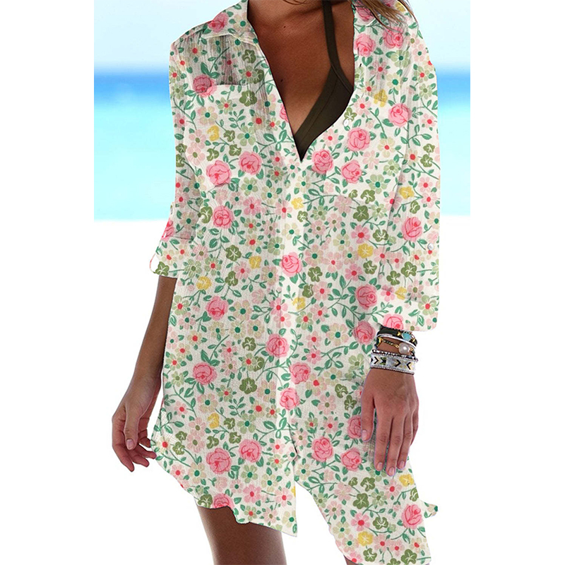 Myopiclunacy Colorful Floral Flower 3D Print Beach Blouses Women Long Sleeve Blusas Mid-length Shirts Buttons Shirt Woman Pocket Tops Blouse