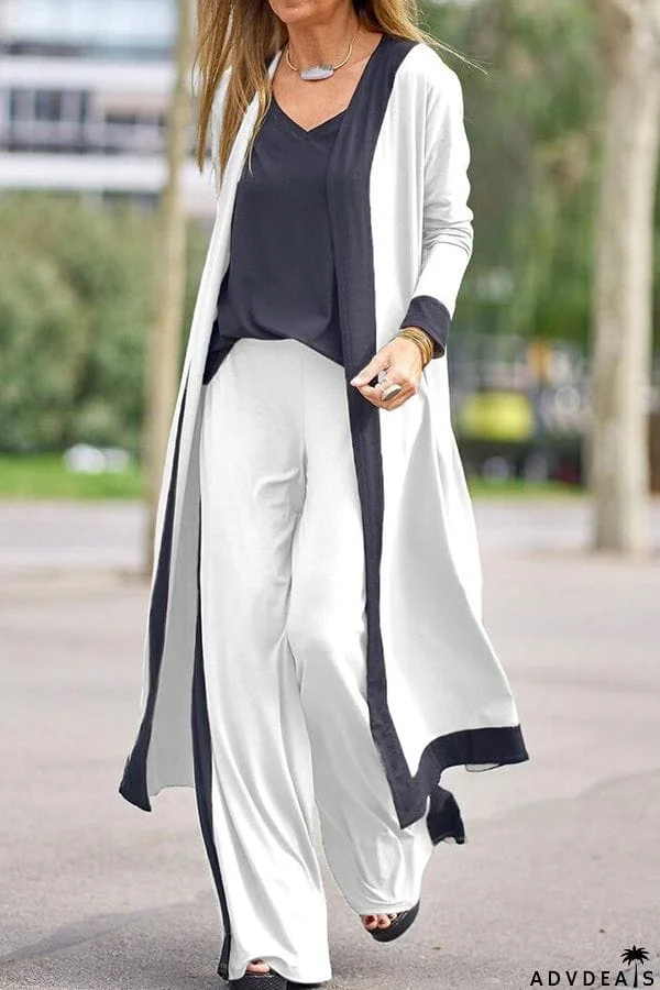 Contrasting Color Sleeveless Vest Long Sleeve Cardigan Jacket Long Pants Three Piece Set