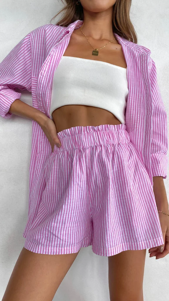 Relaxed Fit Button Up Shirt Set-Pink/Blue Stripe