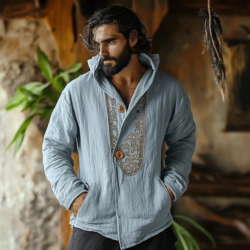 Men's Linen Tribal Hooded Jacket-inspireuse