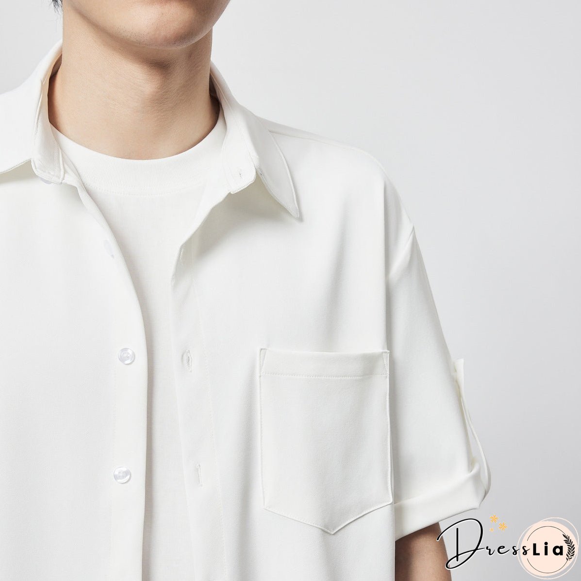 Minimalist Basic Solid Color Short Sleeve Shirt Loose Twill