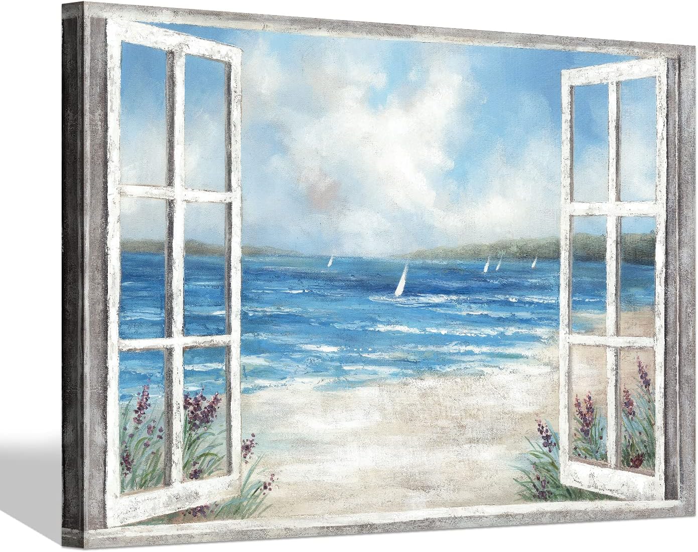 SD SOFT DANCE Beach Picture Window Wall Art: Window View Painting Ocean Print Abstract Seascape Artwork Coastal Canvas Wall Art for Living Room 45 inch x30 inch  Coastal02